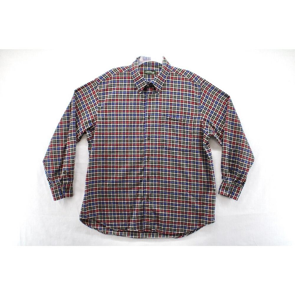 Orvis Luxury Flannel Shirt Men's XL Red White Blue Plaid Long Sleeve Button Down